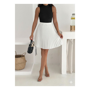 Mini-jupe plissée blanche pour femme, taille élastique, tissu satiné, style robe à col haut - Product Image 6