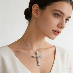 CUSTOM SILVER 10K/14K/18K GOLD PLATED LAB GROWN CVD DIAMOND CLASSIC ENGAGEMENT GIFT SWEATER <b>CHAIN</b> NECKLACE <b>CROSS</b> PENDANT - Product Image 4