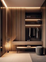 Organisateur de placard en bois massif avec étagères de rangement pleine hauteur pour grande villa, espace vestiaire privé