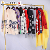 Kardigan Panjang Bekas KingAAA Rajutan Tebal Sweater Longgar Fashion Wanita Langsung dari Pabrik Motif Garis Houndstooth Pakaian Bekas