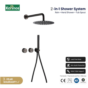 Sistema de ducha empotrado negro mate con cabezal de lluvia redondo montado en la pared, ducha de mano y válvula de latón para baño con control de doble perilla - Product Image 1