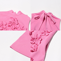 Robe Courte Élégante pour Femme avec Appliques Florales 3D, Col Montant, Grand Nœud au Dos, Coupe Trapèze, Idéale pour Soirées, Vente en Gros Personnalisée