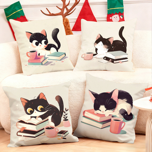 Cute black and white cats reading books with coffee cozy throw pillows festive holiday decor - Product Image 1