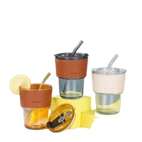 Tasse à café en verre gris ambré de luxe de 450ml 15oz Design créatif avec couvercle en cuir portable et paille-Verres de qualité supérieure