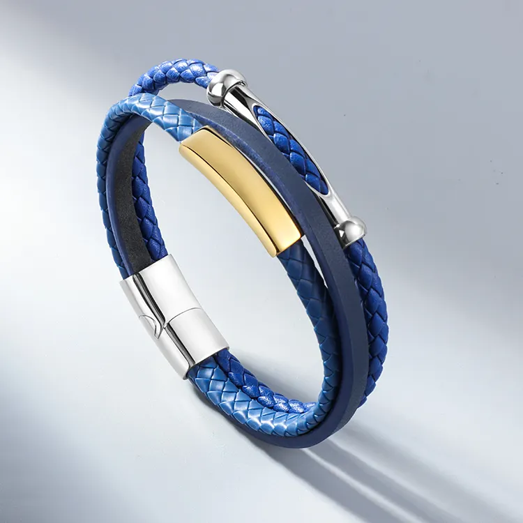 Haosen Magnet Braided Leather Bracelets Male Custom Logo Wrap Genuine Leather Bracelet for Men Personalized