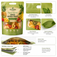 Op maat bedrukte, voedselveilige, transparante Doypack-staande zakken met venster voor gedroogd fruit, hersluitbaar met ziplock, van Mylar, met logo.
