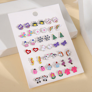 Cartoon Stud <b>Earrings</b> Set 21 Pairs Animal Owl Unicorn Flower Heart Women Fashion Jewelry Steel <b>Posts</b> - Product Image 1