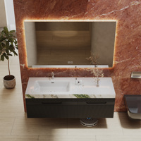 Mueble de Baño Flotante Minimalista de Madera Maciza Natural con Lavabo de Cerámica Integrado y Espejo LED Inteligente