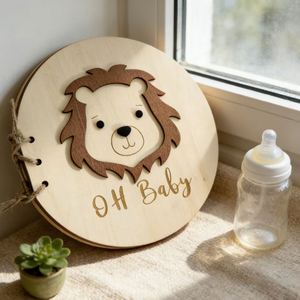 Livre d'or en bois gravé au design de dessin animé, best-seller d'usine, pour souvenir de baptême de bébé, album de réception des invités - Product Image 1