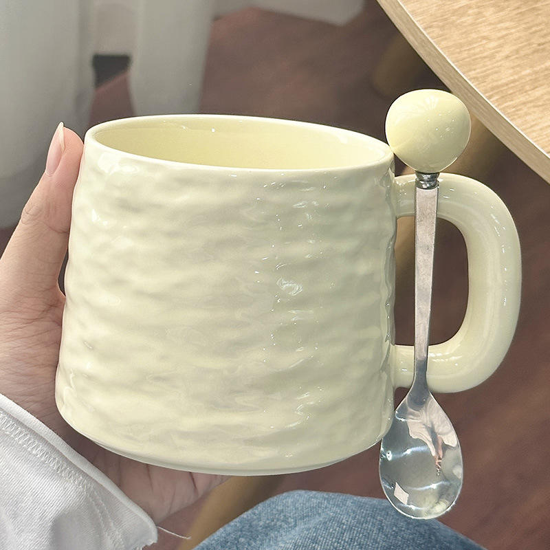 [Spherical Cup with Spoon] Stone-Patterned Ceramic Cup - Creamy Yellow