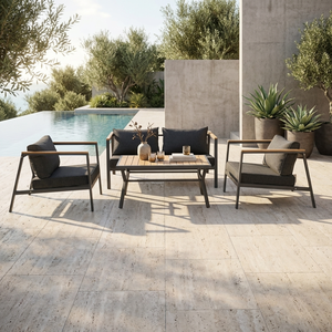 Ensemble <span class=keywords><strong>de</strong></span> canapé d'extérieur moderne 4 pièces avec structure en acier, accoudoirs en plastique imitation bois, table en plastique résistante aux intempéries, portable, pour <span class=keywords><strong>jardin</strong></span> et patio - Product Image 1