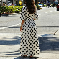 Robe chemise longue évasée à manches longues boutonnée, à col à revers, à pois contrastants, élastique, numérique, écologique et naturelle