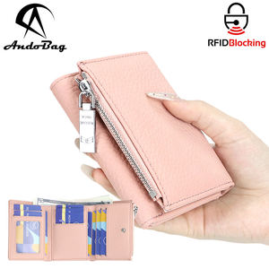 Portefeuilles courts en cuir véritable AndoBag avec blocage RFID, porte-monnaie pliable de couleur unie, porte-cartes triple pliage 1905 - Product Image 1