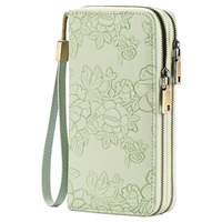 Portefeuille-bracelet en cuir PU gaufré pour femme, pochette à double fermeture éclair grande capacité avec plusieurs emplacements pour cartes et dragonne