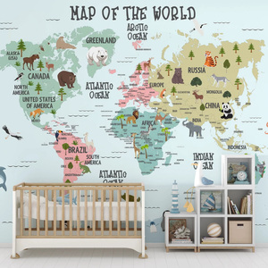 Mural de Pared con Mapa del Mundo Art Deco y Animales, Diseño Geométrico Personalizado, Impresión por Transferencia de Calor, Educativo, para Hoteles y Restaurantes - Product Image 2