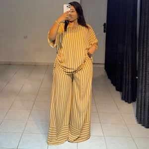 Ensemble décontracté Maxfree 2026 été : Haut rayé à col en V et manches courtes + pantalon large pour femme - Product Image 3