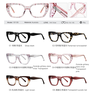 MS 18108 <span class=keywords><strong>Lunettes</strong></span> anti-lumière bleue pour femmes en acétate, verres en résine à motif floral, monture intégrale, branches losanges, style raffiné - Product Image 3
