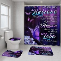 Ensemble de rideaux de douche papillon violet 4 pièces, décoration florale pour salle de bain avec tapis coordonnés, design imprimé avec citation inspirante