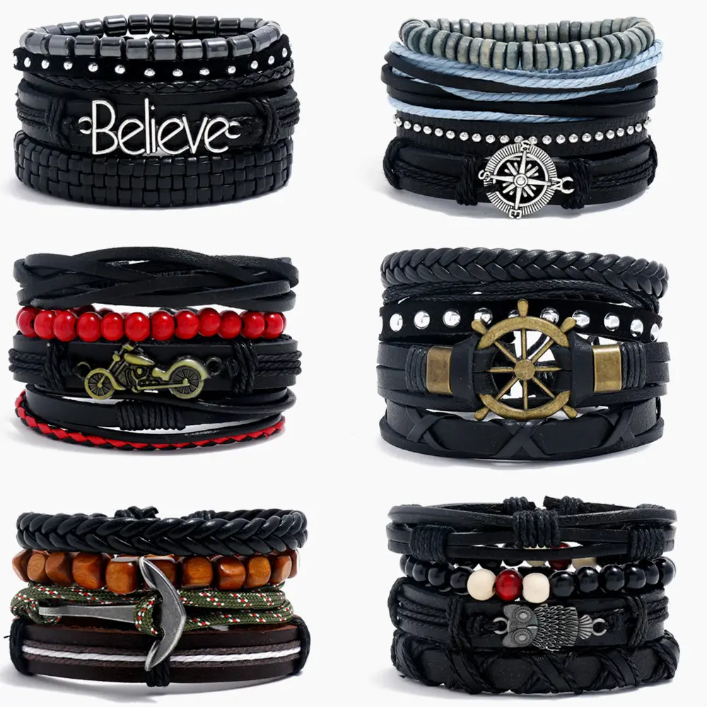 New Bronze Hooks Elephant Charm Wrap Beaded Bangles Tribal Male Jewelry 4 Pcs/Set Multi-layer Men's Leather Bracelet