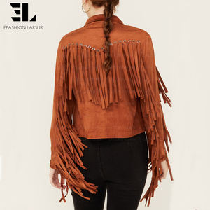 Jaket Bomber Pendek Model Biker Balap Motor Wanita dari LARSUR Custom Factory, Bahan Suede Imitasi dengan Rumbai dan Kancing - Product Image 5