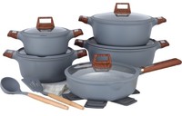 Donnor Nouveau Fuli Ensemble de 15 ustensiles de cuisine en alliage d'aluminium, design moderne, marmite, poêle à frire, revêtement antiadhésif double face, silicone
