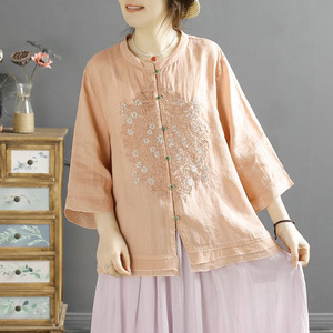 Traditional Chinese Style Embroidered Shirt Top With Stand Up Collar For Women Pink Apricot White Yellow Navy Blue JK331 - Product Image 2