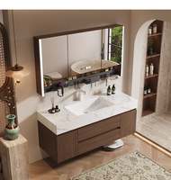 Meuble-lavabo mural moderne à double vasque en contreplaqué avec vasque en pierre, miroir intelligent éclairé et étanche