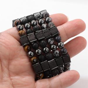 Bracelet extensible populaire 8 mm en œil de tigre Ximang pour homme, orné de perles carrées en roche volcanique et hématite, bijou de mode - Product Image 3