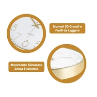 Reloj de Pared Analógico Moderno y Silencioso de Metal, 30 cm, Dorado, Números 3D, Sin Tictac, Fácil de Leer, Movimiento de Cuarzo, Funciona con Batería, Estilo Italiano