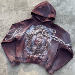 Vintage Graphic Men <b>Cropped</b> Hoodie Heavyweight Cotton <b>Rhinestone</b> Hoodie Printed Designer Acid Wash Distressed Pullover Hoodies - Product Image 1