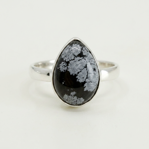 Women's Snowflake Obsidian Pear Shape Bezel Setting Handmade 925 Sterling Silver <b>Boho</b> Jewelry Natural Black Gemstone Ring - Product Image 1