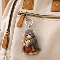 Porte-clés en peluche tricoté à la main, motif singe parent-enfant câlin, doux, écologique et mignon