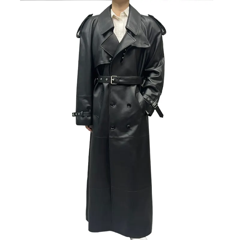 Trench-coat en cuir de mouton Jancoco Veste longue en cuir véritable pour femme avec ceinture