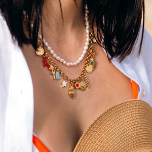 Collana <span class=keywords><strong>con</strong></span> ciondolo fai da te in ceramica smaltata e acciaio inossidabile stile Bohemia, <span class=keywords><strong>con</strong></span> perline e ciondoli a forma di croce, cuore, pesce, conchiglia e stella marina in <span class=keywords><strong>corallo</strong></span> rosso, idea regalo - Product Image 3
