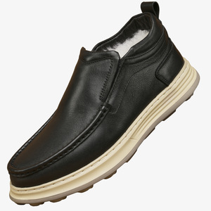 Mocassins d'hiver en cuir véritable pour hommes, doublure en fausse fourrure, semelle extérieure en caoutchouc rembourrée, bout rond, chaussures confortables - Product Image 4