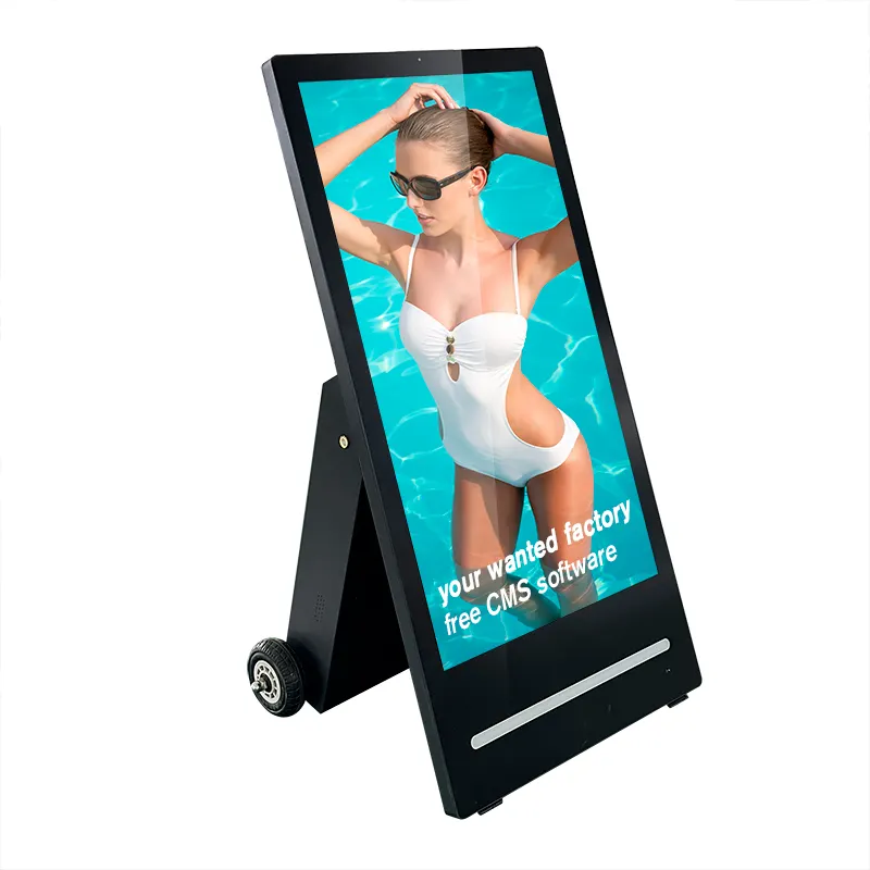 Rueda 43 pulgadas medios de publicidad al aire libre impermeable digital recargable móvil cartel pantalla LCD batería señalización