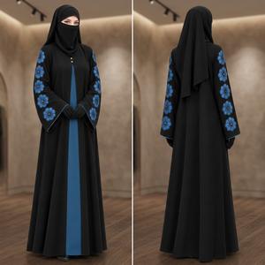 <b>Black</b> Embroidered Abaya with Niqab Blue Floral Stand Collar <b>Long</b> <b>Sleeve</b> Modest Muslim <b>Dress</b> Floor Length - Product Image 4