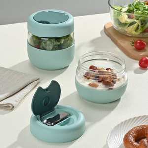 <span class=keywords><strong>Bol</strong></span> à yaourt en verre avec couvercle et cuillère en acier inoxydable Conteneurs de préparation de repas portables au micro-ondes pour le déjeuner de bureau - Product Image 4