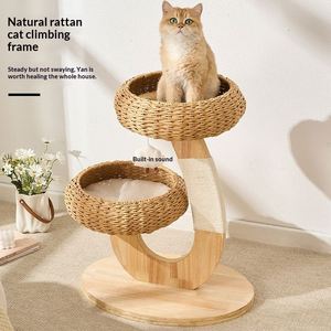Arbre à chat moderne en rotin à deux niveaux avec paniers tressés, tour à chat en bois et griffoir en sisal pour la décoration intérieure - Product Image 2