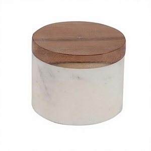 กระปุกเก็บผลไม้แห้งสีขาวหินอ่อนทำมือพร้อมฝาไม้ - Product Image 1
