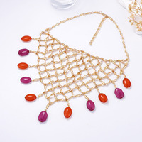 Tren Perhiasan Fashion 2025 Desain Premium Mewah Rantai Manik-Manik Paduan Seng Model Grid Link Liontin Berhias Manik-Manik Kalung Panjang Lapis Emas 18K