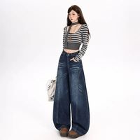 Harga Grosir Celana Jeans Wanita Anti-Kerut Warna Biru Tua Model Curved Knife Gaya Retro Amerika, Celana Jeans Wanita Model Wide Leg Panjang Sampai Kaki