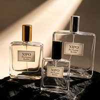 Bouteille de parfum vide en verre transparent de 100 ml avec étiquette personnalisée, paroi épaisse, épaule plate, forme rectangulaire carrée