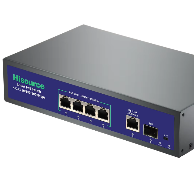 Hot Sale Hisource Active Full Gigabit Smart Network Switch 4 Port 75w PoE Switch for Hikvision IP Camera