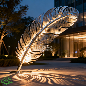Escultura de Plumas de Acero Inoxidable con Iluminación LED para Exteriores, Arte Metálico Moderno Personalizable para Decoración de Hoteles y Plazas Comerciales - Product Image 2