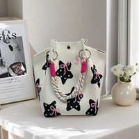 Tas tangan rajut portabel, tas belanja tas ember tenun motif bunga dompet tangan rajut portabel mode baru