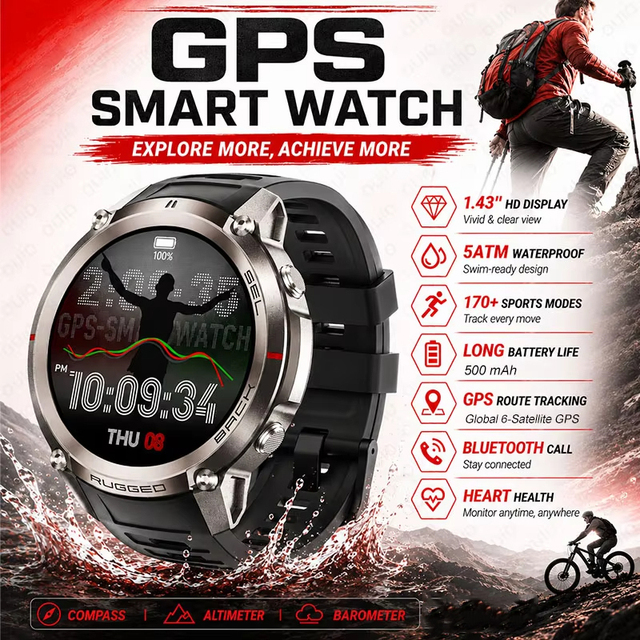New 170+ Sport Modes 50M Deep Waterproof Smart Watch 1.43" AMOLED Featuring Global 6-Satellite GPS Outdoors Smart Watch Hombre