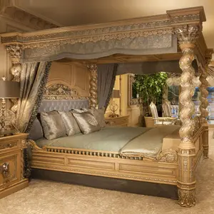 American Solid Wood King Size Handmade European Style Carved Cloth Bed Antique Bedroom Furniture Set