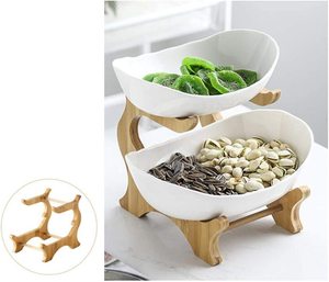 Alzata in bambù a 2 livelli banchetto di nozze ciotola di frutta in ceramica vassoio da Dessert a strati in porcellana a doppio strato con supporto - Product Image 4