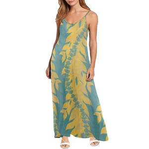 Falda larga con tirantes sexi de talla grande para mujer, diseñador uno a uno, estampado personalizado a pedido, vestido de mujer con estampado completo de hojas de Maile - Product Image 1